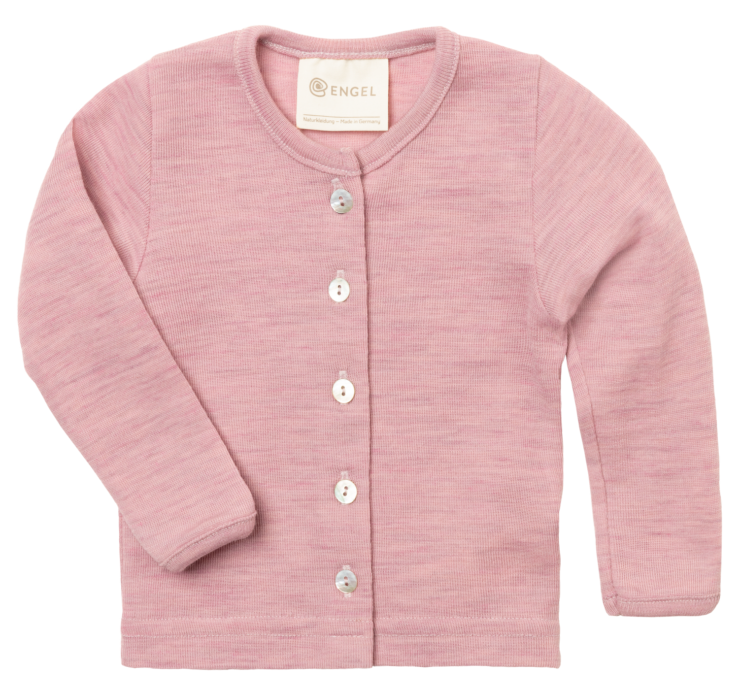 Merino wool baby cardigan made from organic merino wool, shown in pink colour