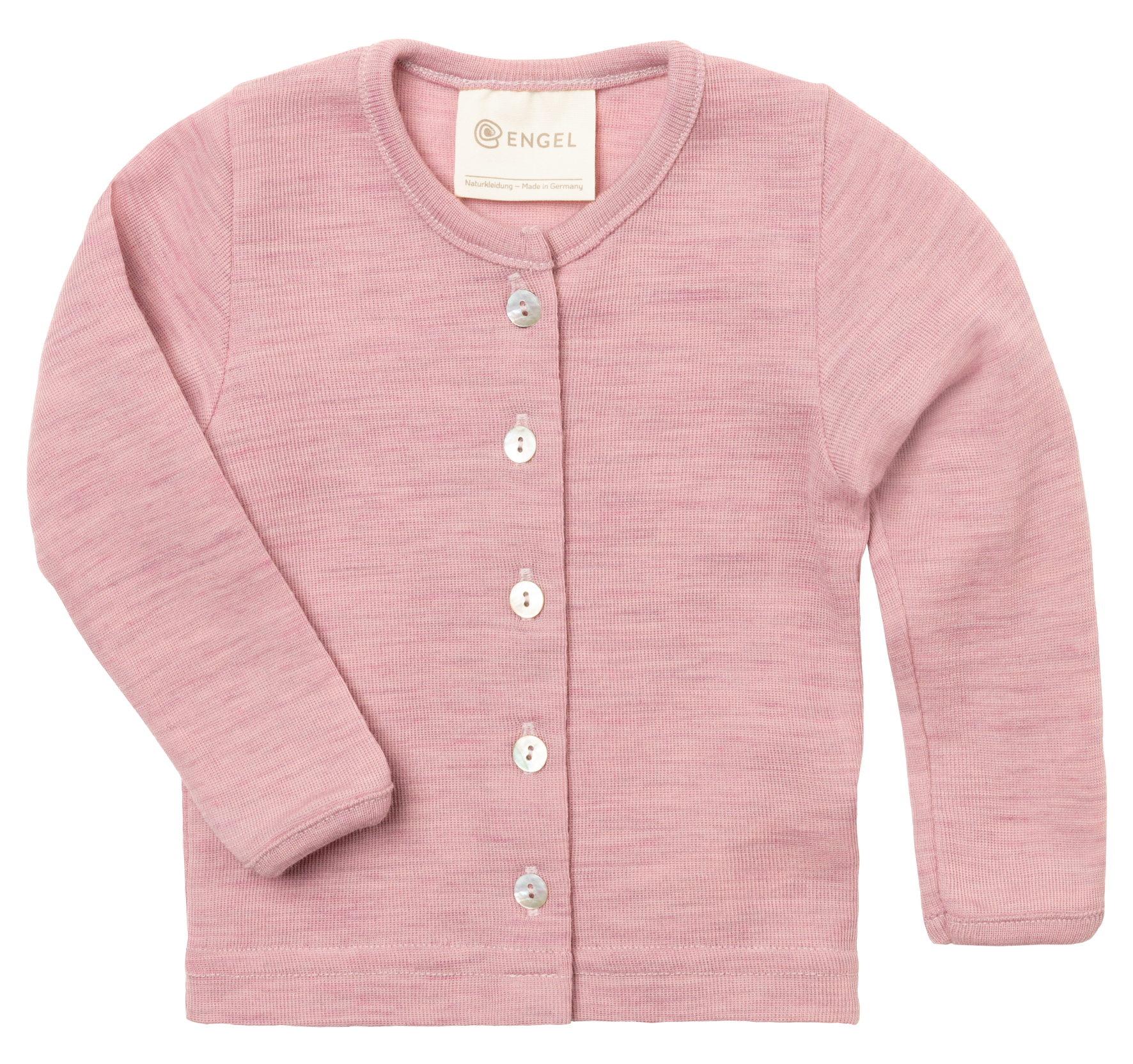 Merino wool baby cardigan made from organic merino wool, shown in pink colour