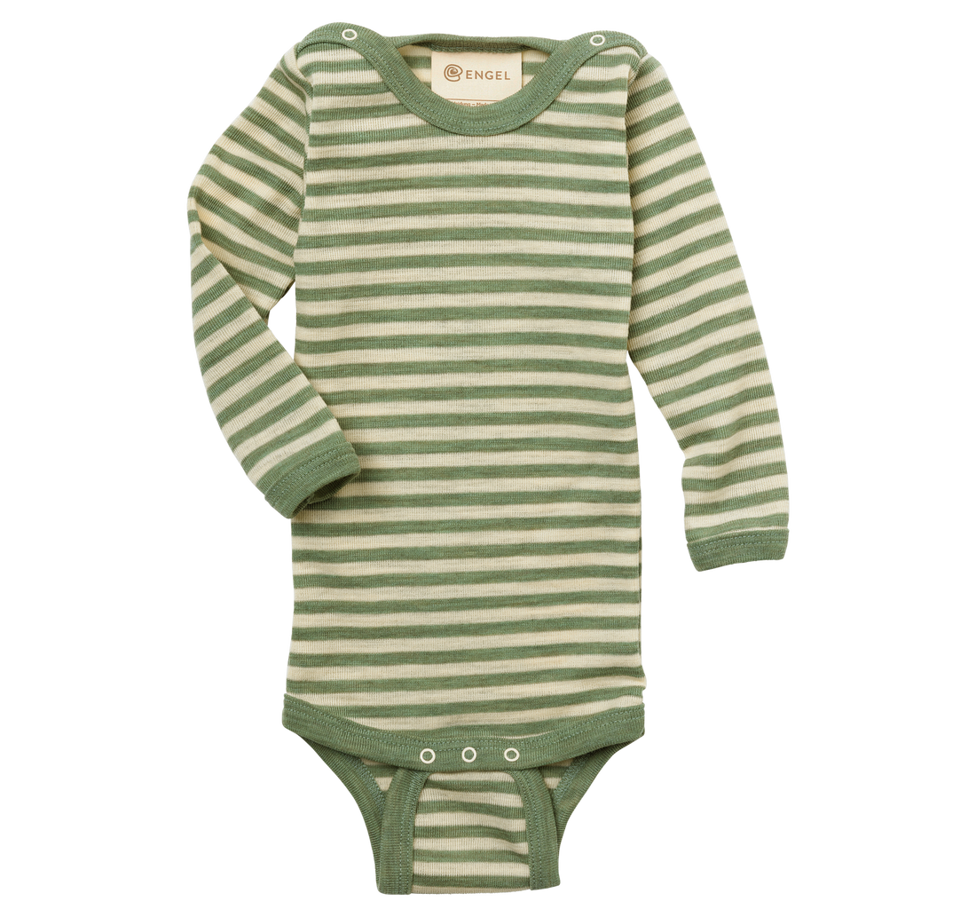 Merino wool baby bodysuit made from organic merino wool, shown in green colour