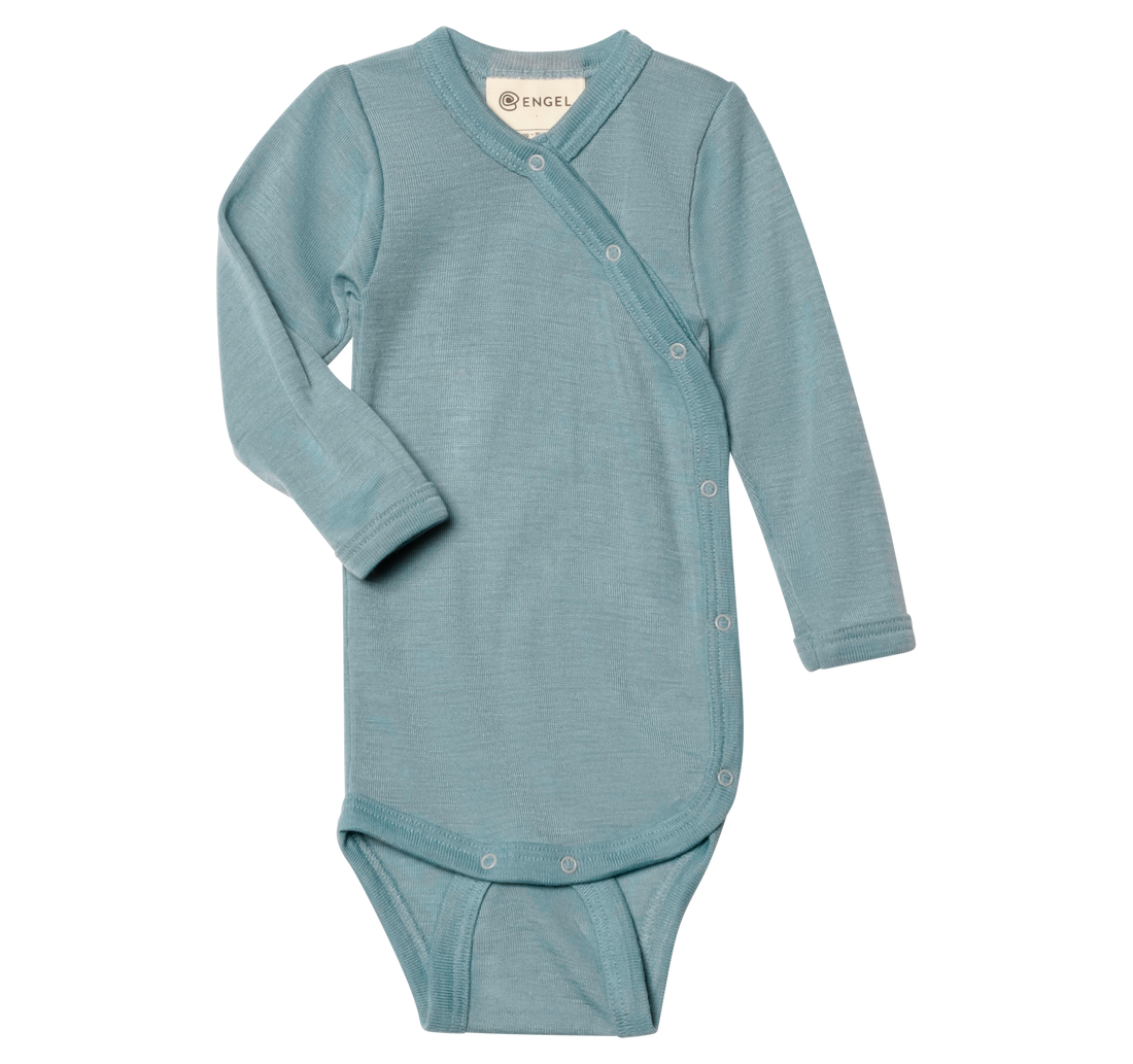 Wool and silk newborn kimono bodysuit made from a natural fibre blend, shown in blue colour
