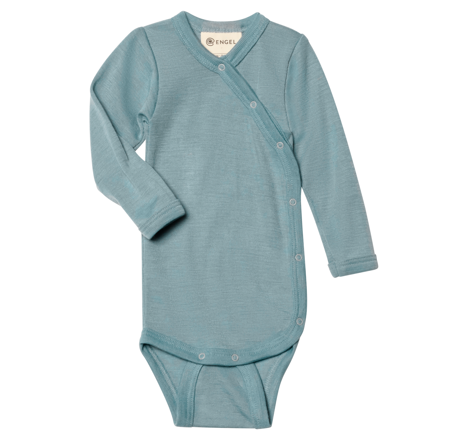 Wool and silk newborn kimono bodysuit made from a natural fibre blend, shown in blue colour