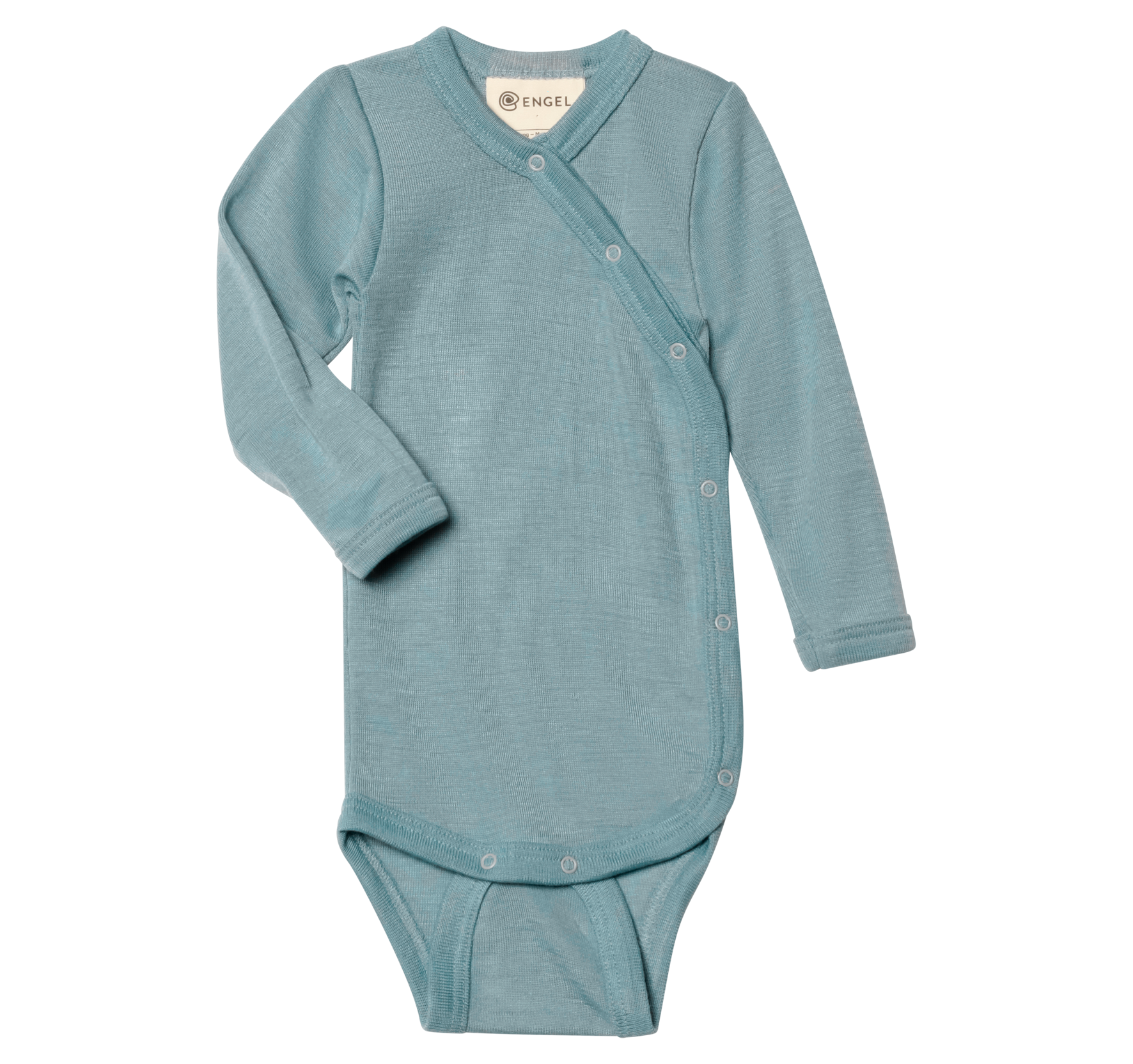 Wool and silk newborn kimono bodysuit made from a natural fibre blend, shown in blue colour