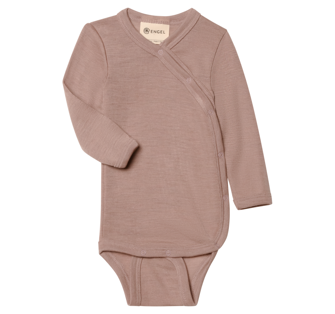 Wool and silk newborn kimono bodysuit made from a natural fibre blend, shown in pink colour
