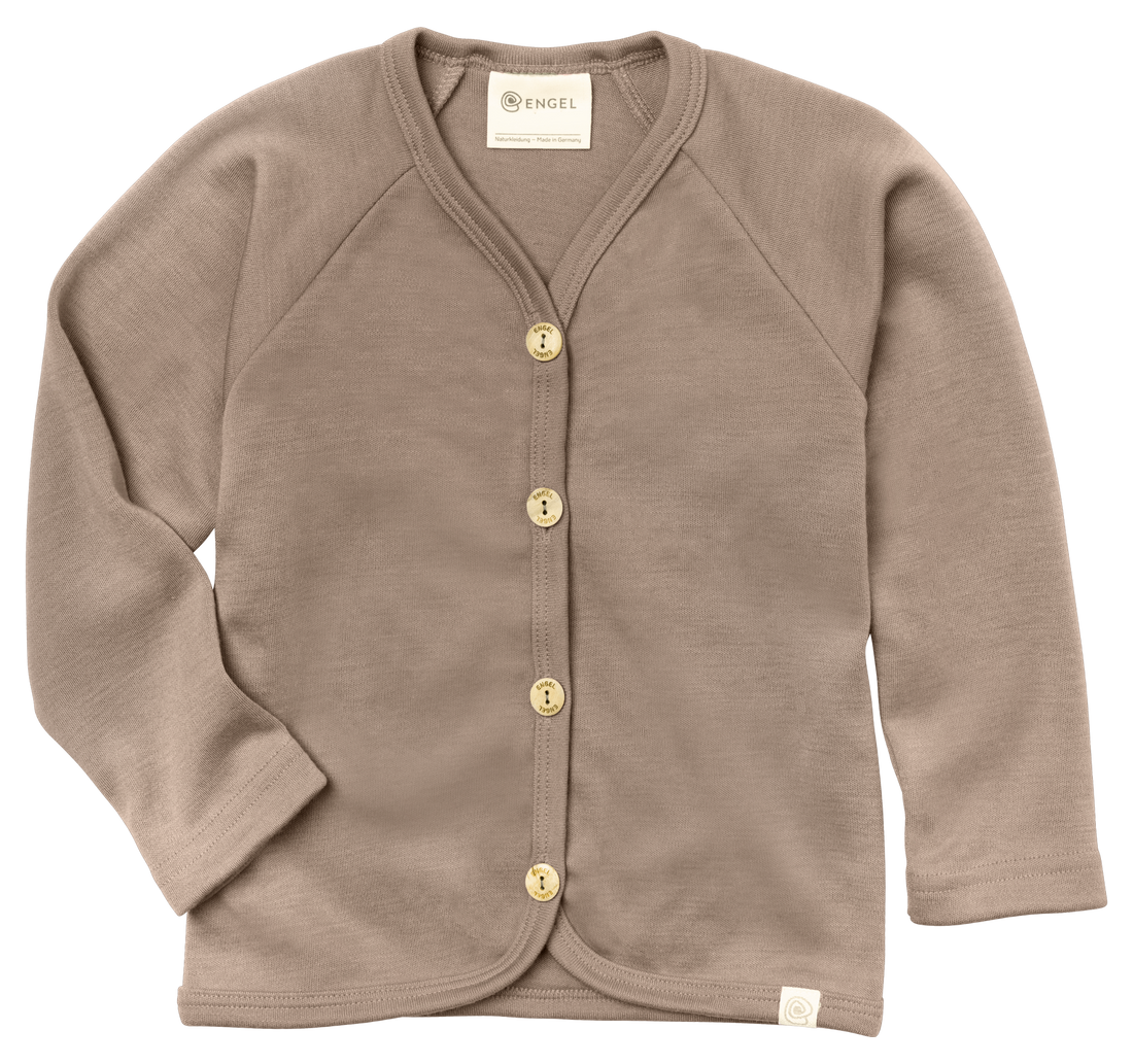 Wool and silk children’s cardigan made from a natural fibre blend, shown in sand colour