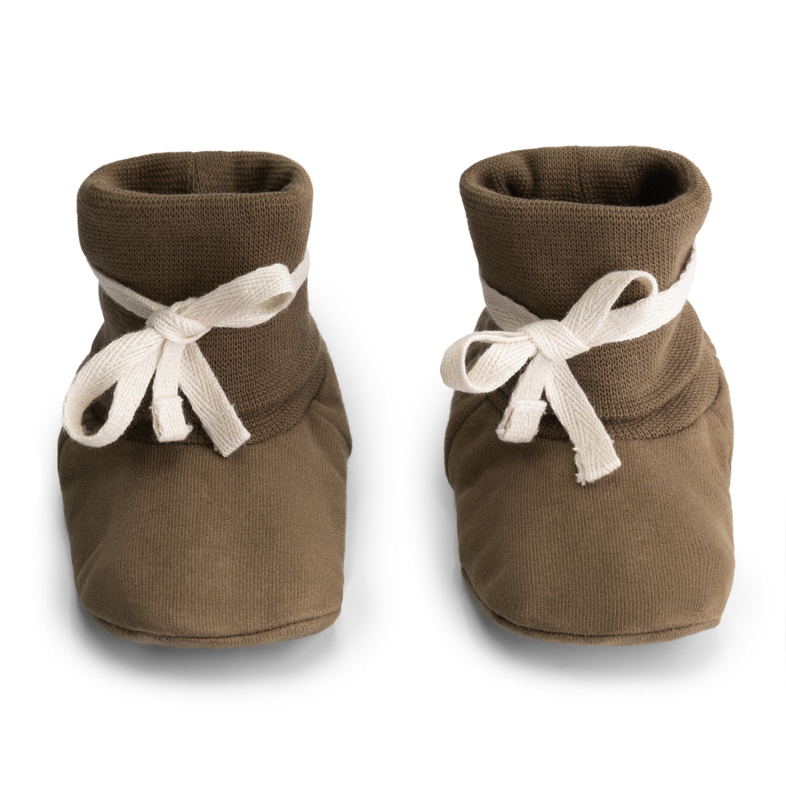 Organic cotton fleece baby booties made from GOTS-certified cotton, shown in brown colour