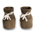 Organic cotton fleece baby booties made from GOTS-certified cotton, shown in brown colour