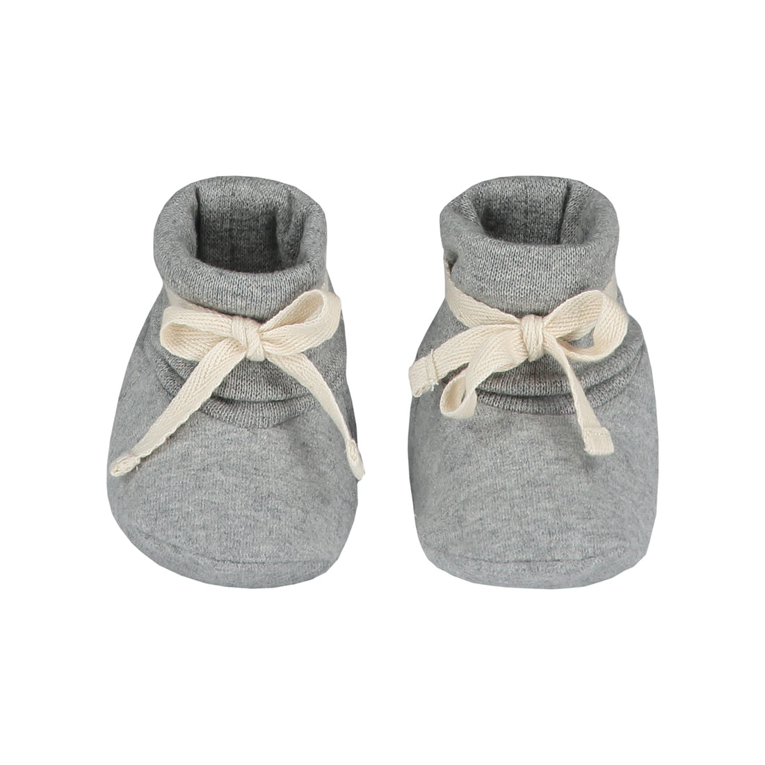 Organic cotton fleece baby booties made from GOTS-certified cotton, shown in grey colour