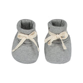 Organic cotton fleece baby booties made from GOTS-certified cotton, shown in grey colour