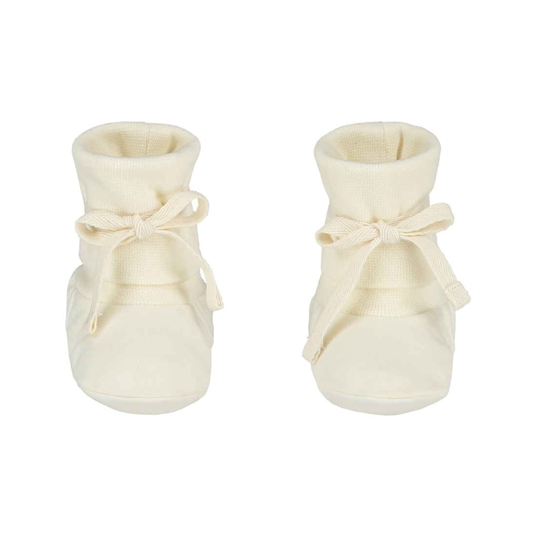 Organic cotton fleece baby booties made from GOTS-certified cotton, shown in white colour