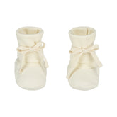 Organic cotton fleece baby booties made from GOTS-certified cotton, shown in white colour
