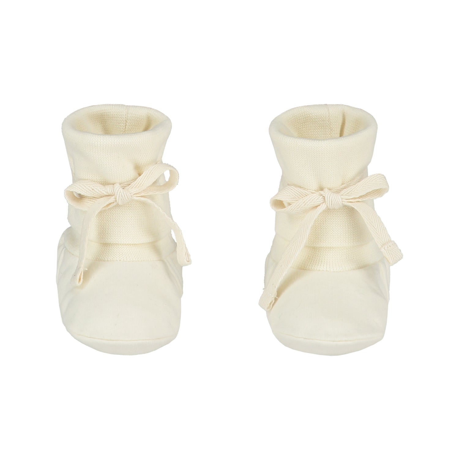 Organic cotton fleece baby booties made from GOTS-certified cotton, shown in white colour