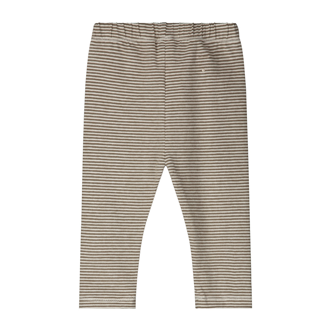 Organic cotton baby leggings made from GOTS-certified cotton, shown in brown striped colour. Back side.