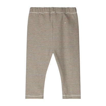 Organic cotton baby leggings made from GOTS-certified cotton, shown in brown striped colour. Back side.