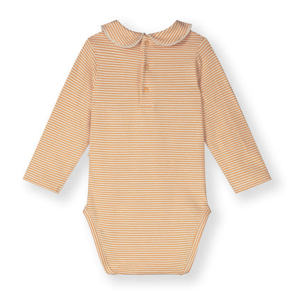 Organic cotton baby collar onesie made from GOTS-certified cotton, shown in orange striped colour. Back side 