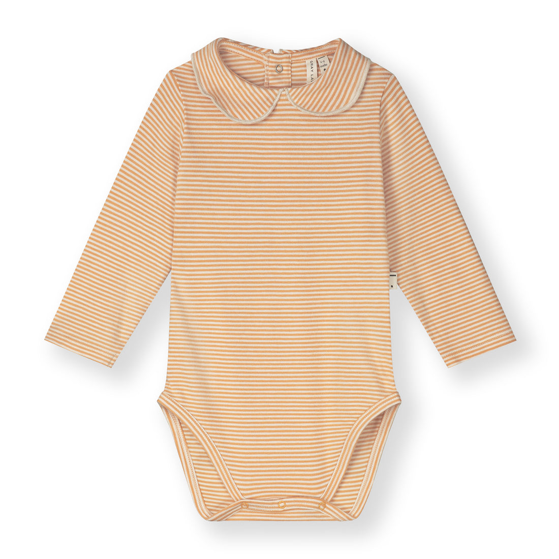 Organic cotton baby collar onesie made from GOTS-certified cotton, shown in orange striped colour