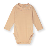 Organic cotton baby collar onesie made from GOTS-certified cotton, shown in orange striped colour