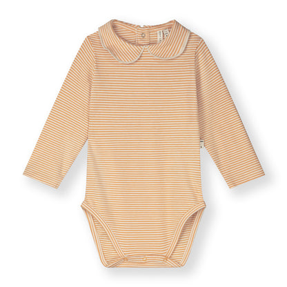 Organic cotton baby collar onesie made from GOTS-certified cotton, shown in orange striped colour