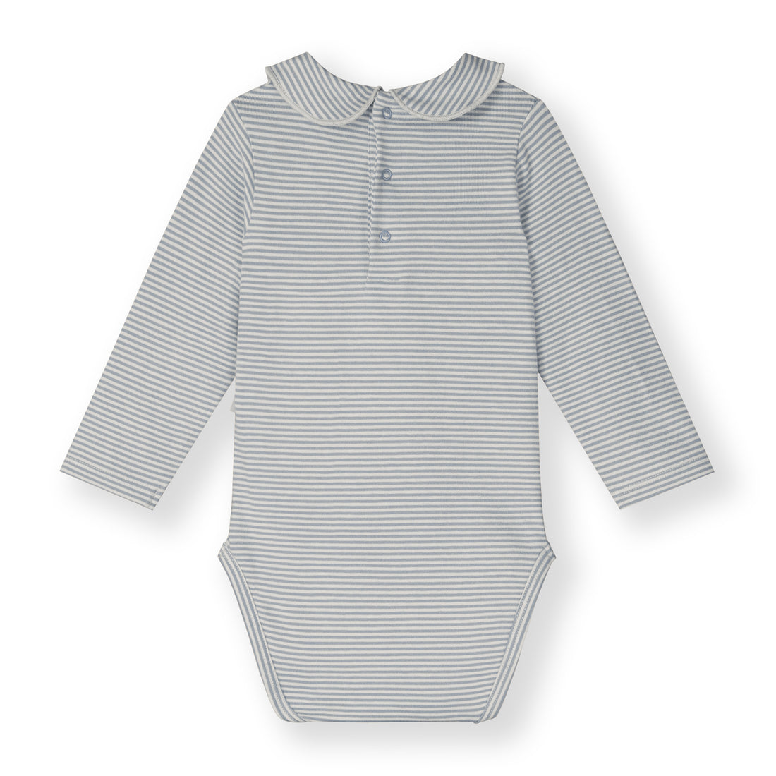 Organic cotton baby collar onesie made from GOTS-certified cotton, shown in blue striped colour. Back side 