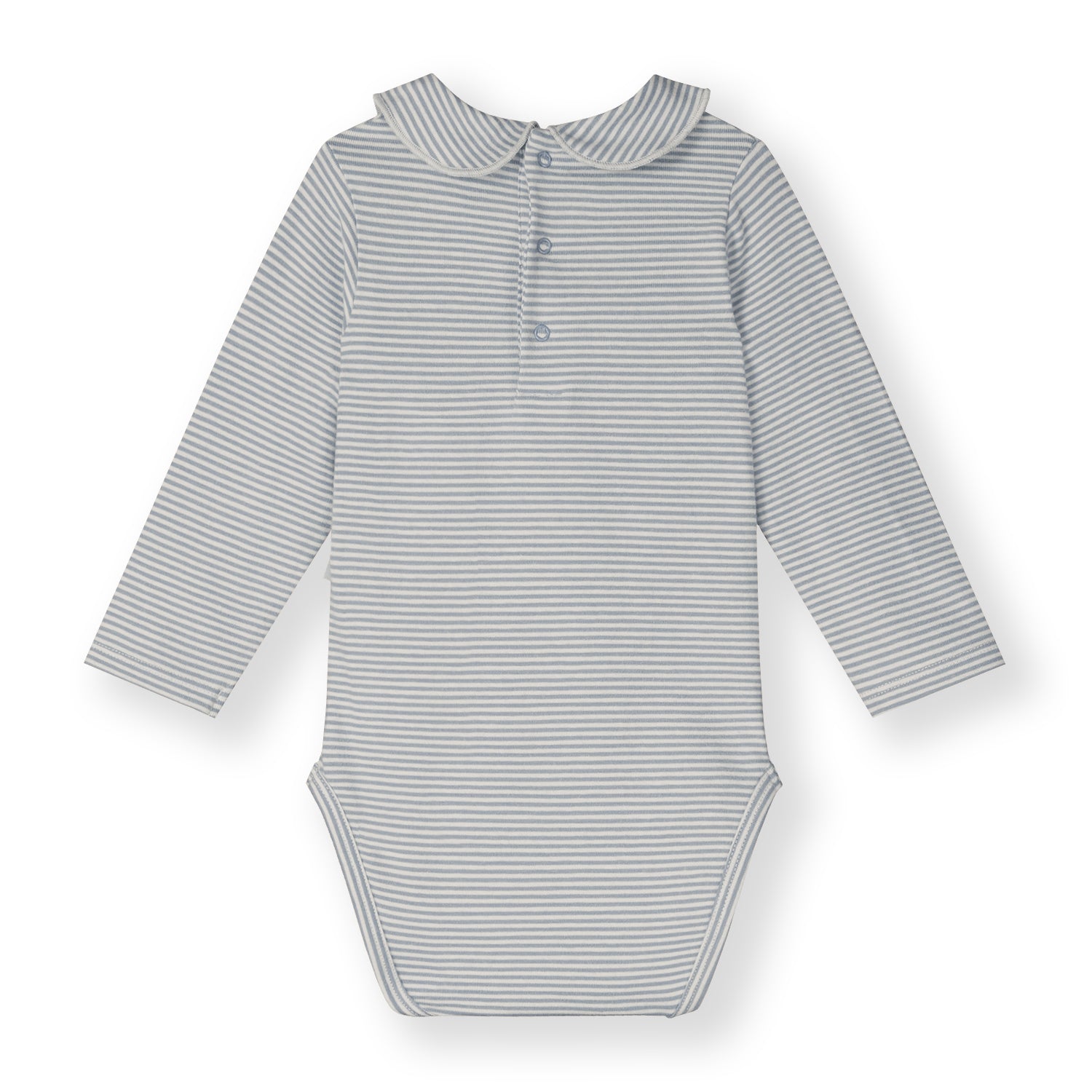 Organic cotton baby collar onesie made from GOTS-certified cotton, shown in blue striped colour. Back side 