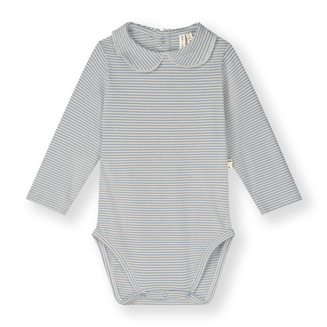Organic cotton baby collar onesie made from GOTS-certified cotton, shown in blue striped colour.