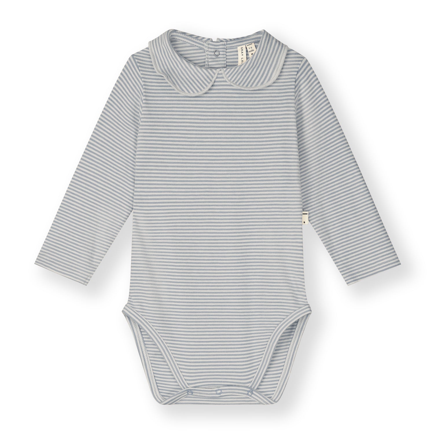 Organic cotton baby collar onesie made from GOTS-certified cotton, shown in blue striped colour.