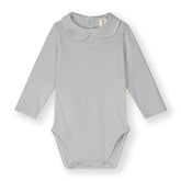 Organic cotton baby collar onesie made from GOTS-certified cotton, shown in blue striped colour.