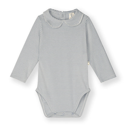 Organic cotton baby collar onesie made from GOTS-certified cotton, shown in blue striped colour.