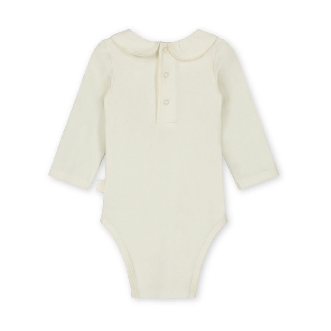 Organic cotton baby collar onesie made from GOTS-certified cotton, shown in white colour. Back side
