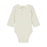 Organic cotton baby collar onesie made from GOTS-certified cotton, shown in white colour. Back side