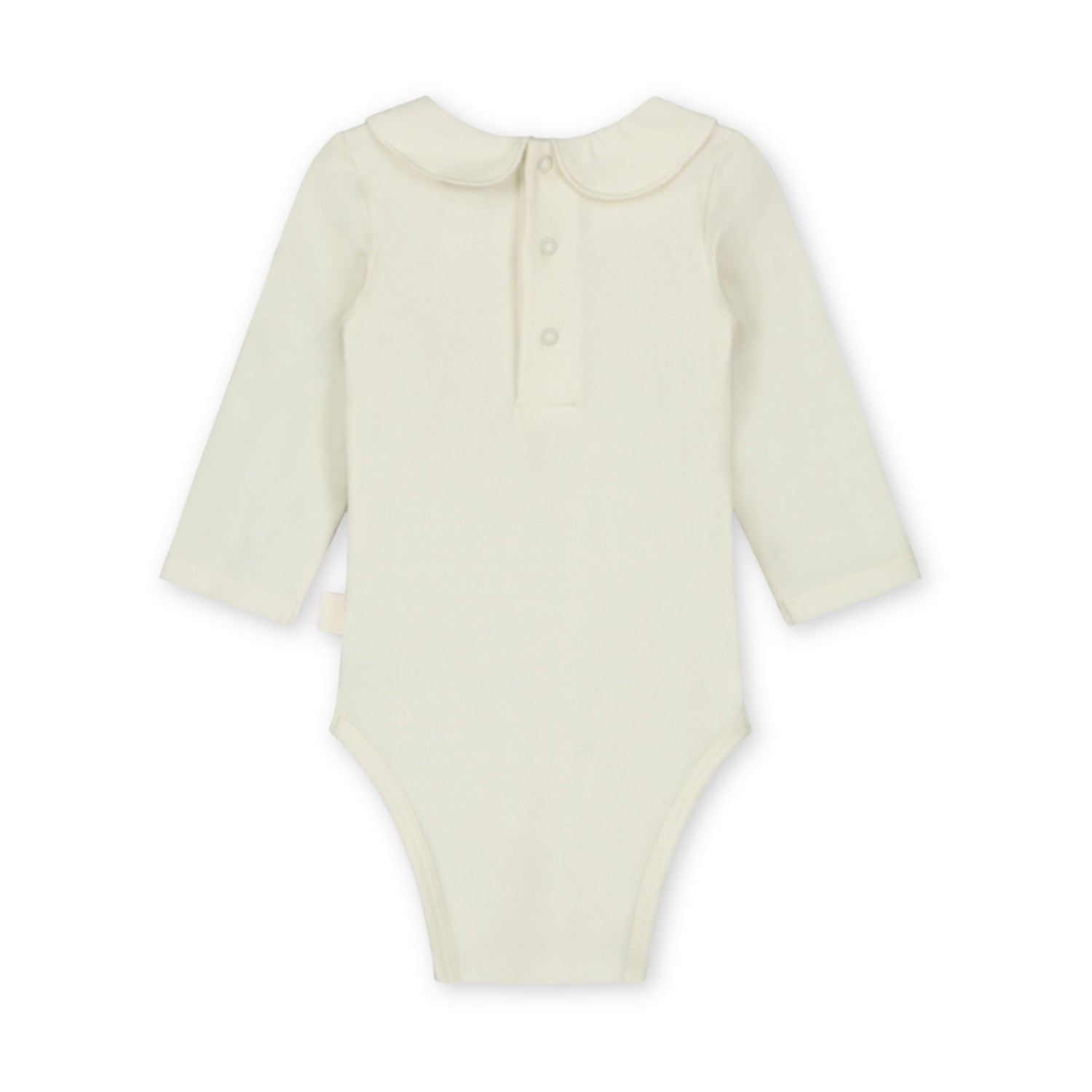 Organic cotton baby collar onesie made from GOTS-certified cotton, shown in white colour. Back side