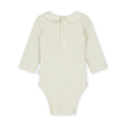 Organic cotton baby collar onesie made from GOTS-certified cotton, shown in white colour. Back side