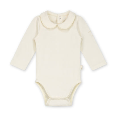 Organic cotton baby collar onesie made from GOTS-certified cotton, shown in white colour