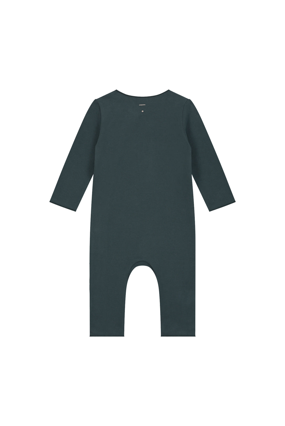 Organic cotton fleece baby suit made from GOTS-certified cotton, shown in blue colour. Back side. 