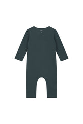 Organic cotton fleece baby suit made from GOTS-certified cotton, shown in blue colour. Back side. 