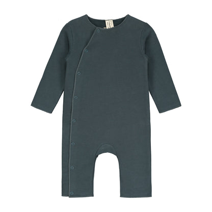 Organic cotton fleece baby suit made from GOTS-certified cotton, shown in blue colour.