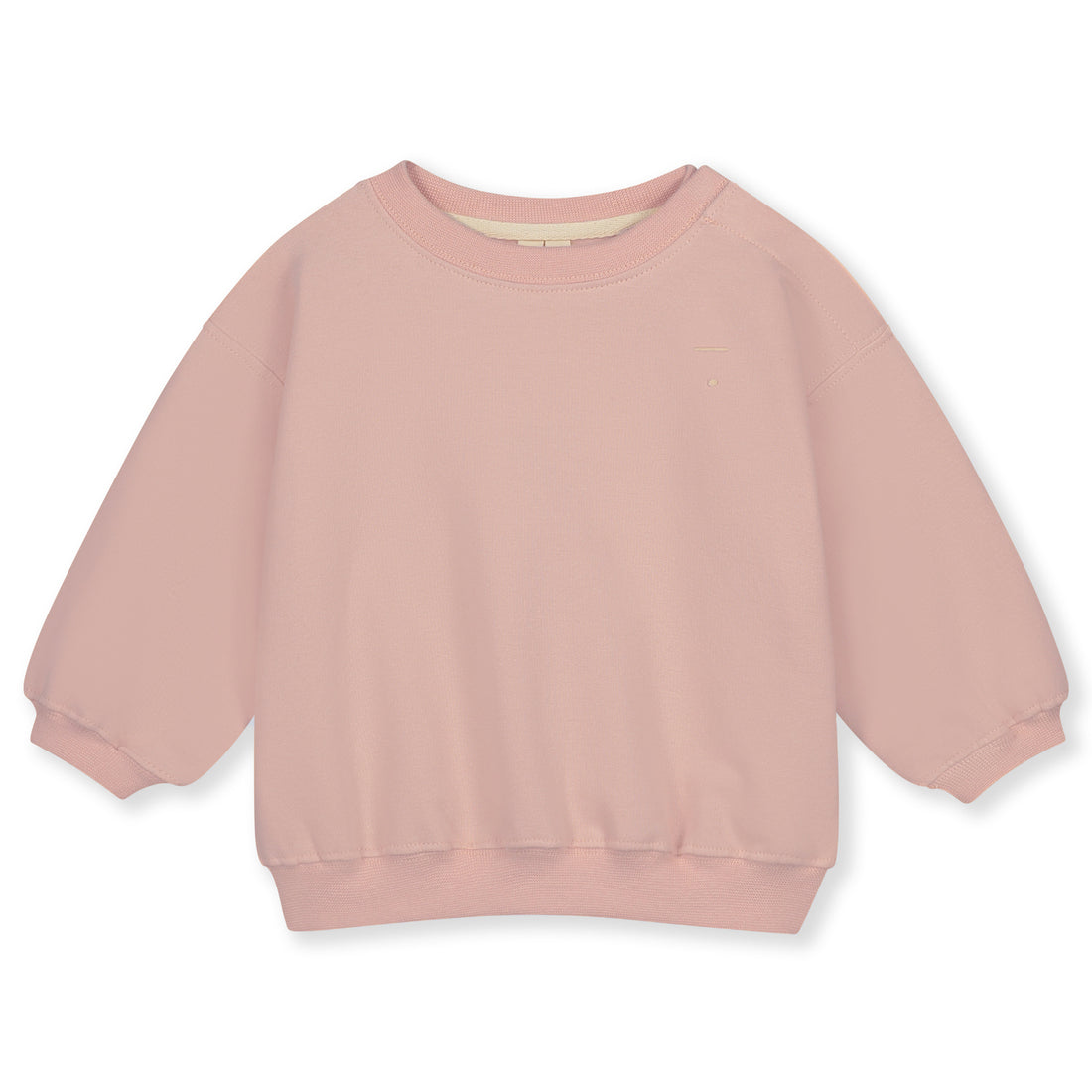 Organic cotton fleece dropped shoulder sweater made from GOTS-certified cotton, shown in pink colour