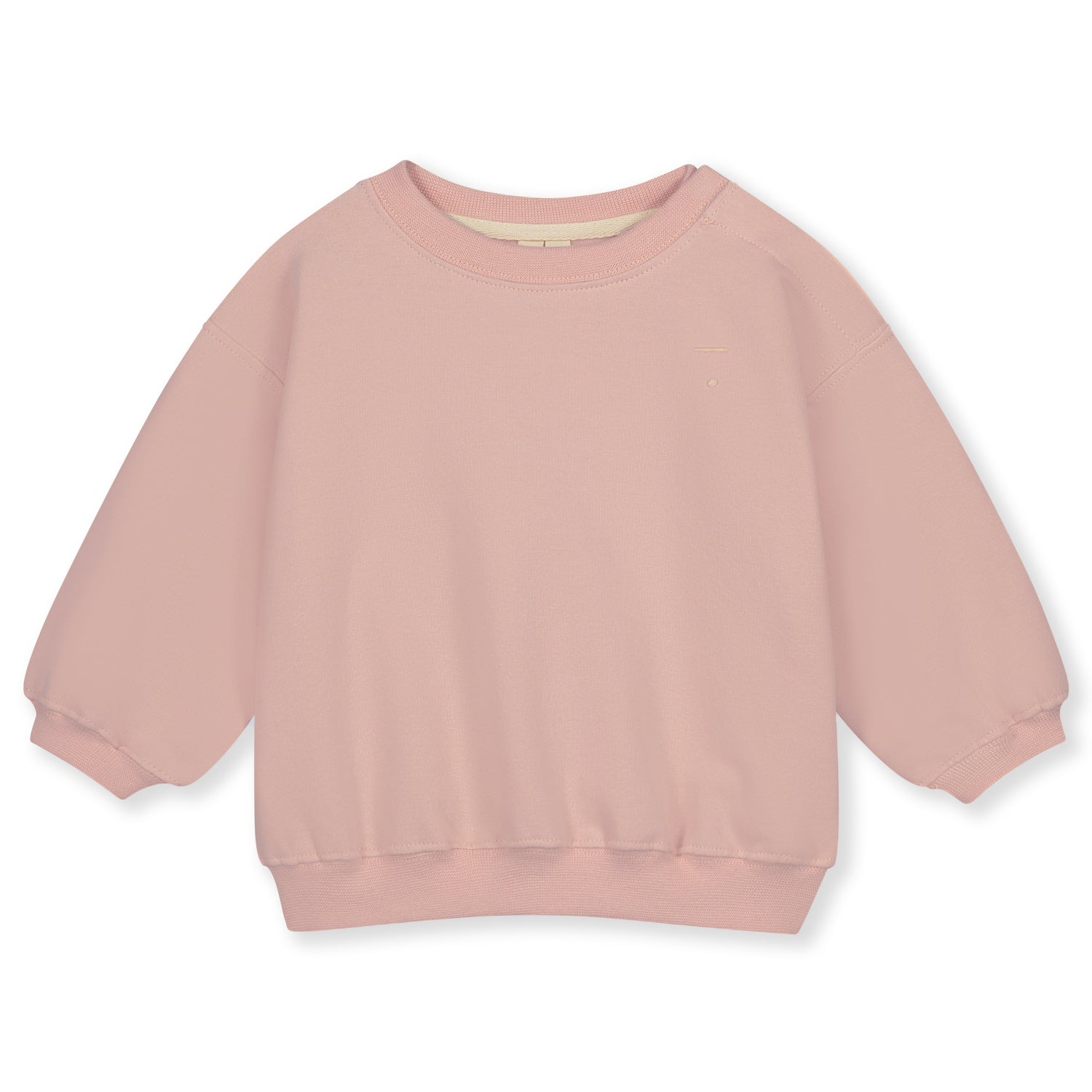 Organic cotton fleece dropped shoulder sweater made from GOTS-certified cotton, shown in pink colour