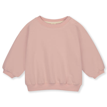Organic cotton fleece dropped shoulder sweater made from GOTS-certified cotton, shown in pink colour