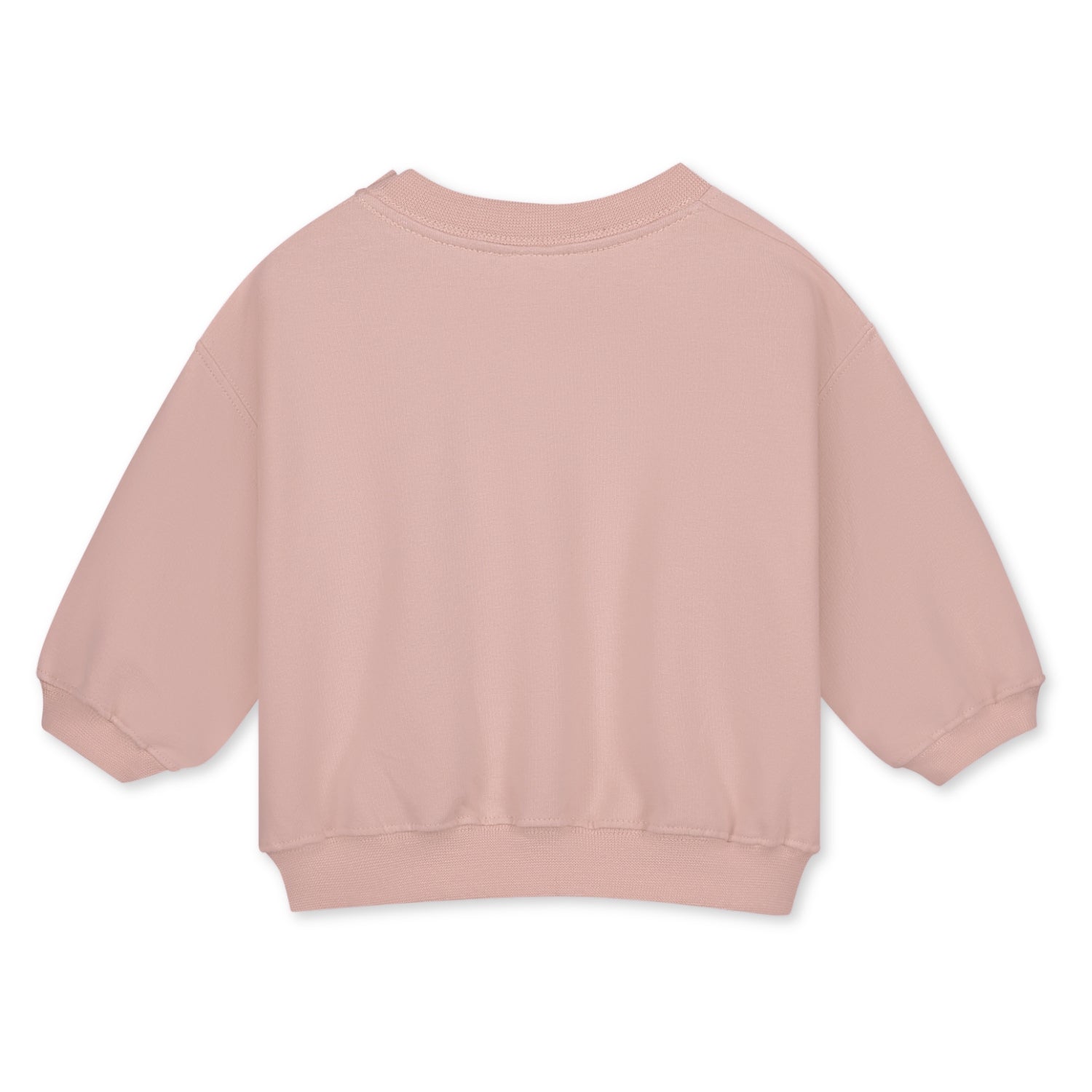 Organic cotton fleece dropped shoulder sweater made from GOTS-certified cotton, shown in pink colour. Back side