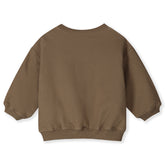 Organic cotton fleece dropped shoulder sweater made from GOTS-certified cotton, shown in brown colour. Back side 