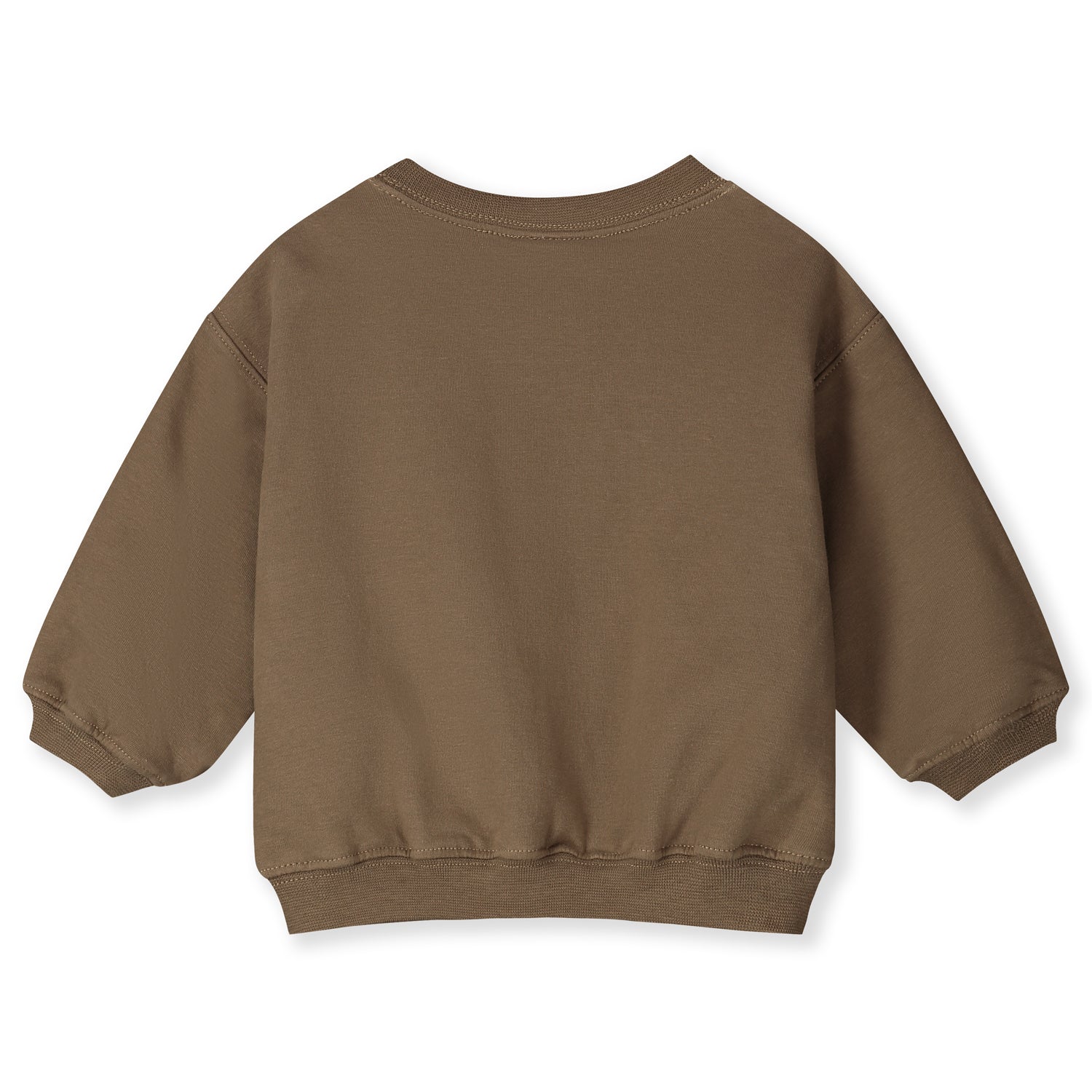 Organic cotton fleece dropped shoulder sweater made from GOTS-certified cotton, shown in brown colour. Back side 