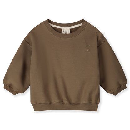 Organic cotton fleece dropped shoulder sweater made from GOTS-certified cotton, shown in brown colour