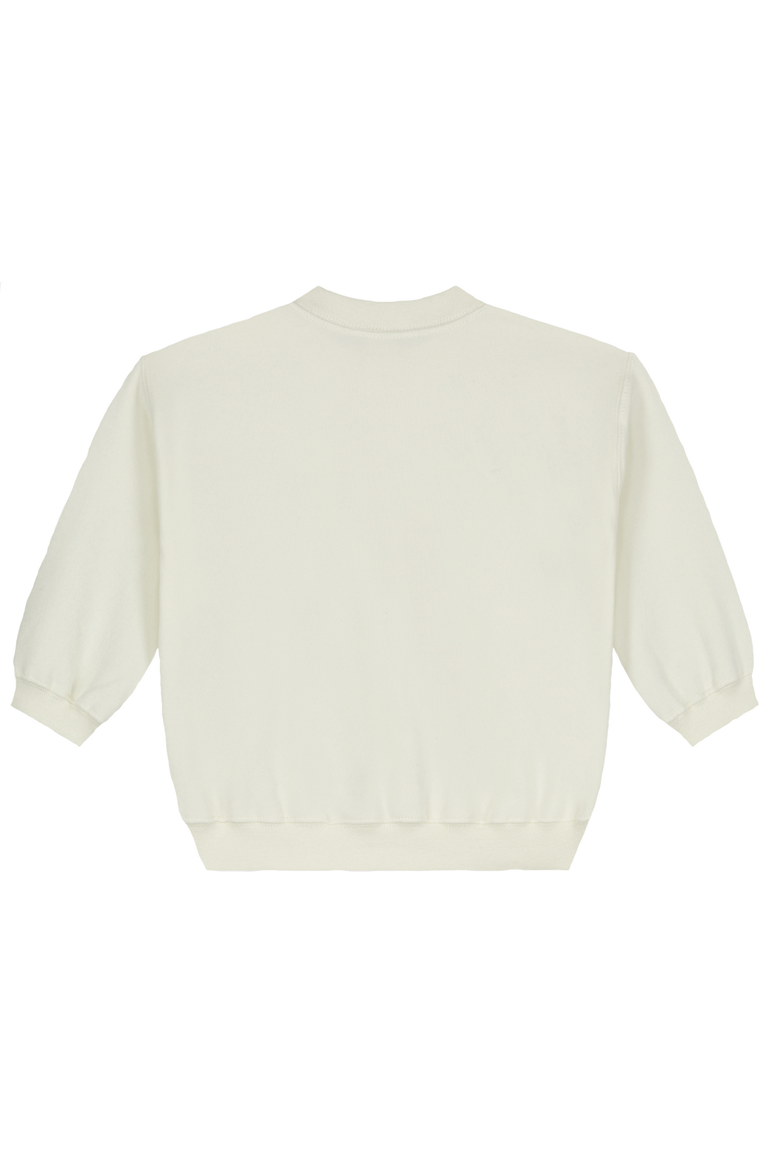 Organic cotton fleece dropped shoulder sweater made from GOTS-certified cotton, shown in white colour. Back side 