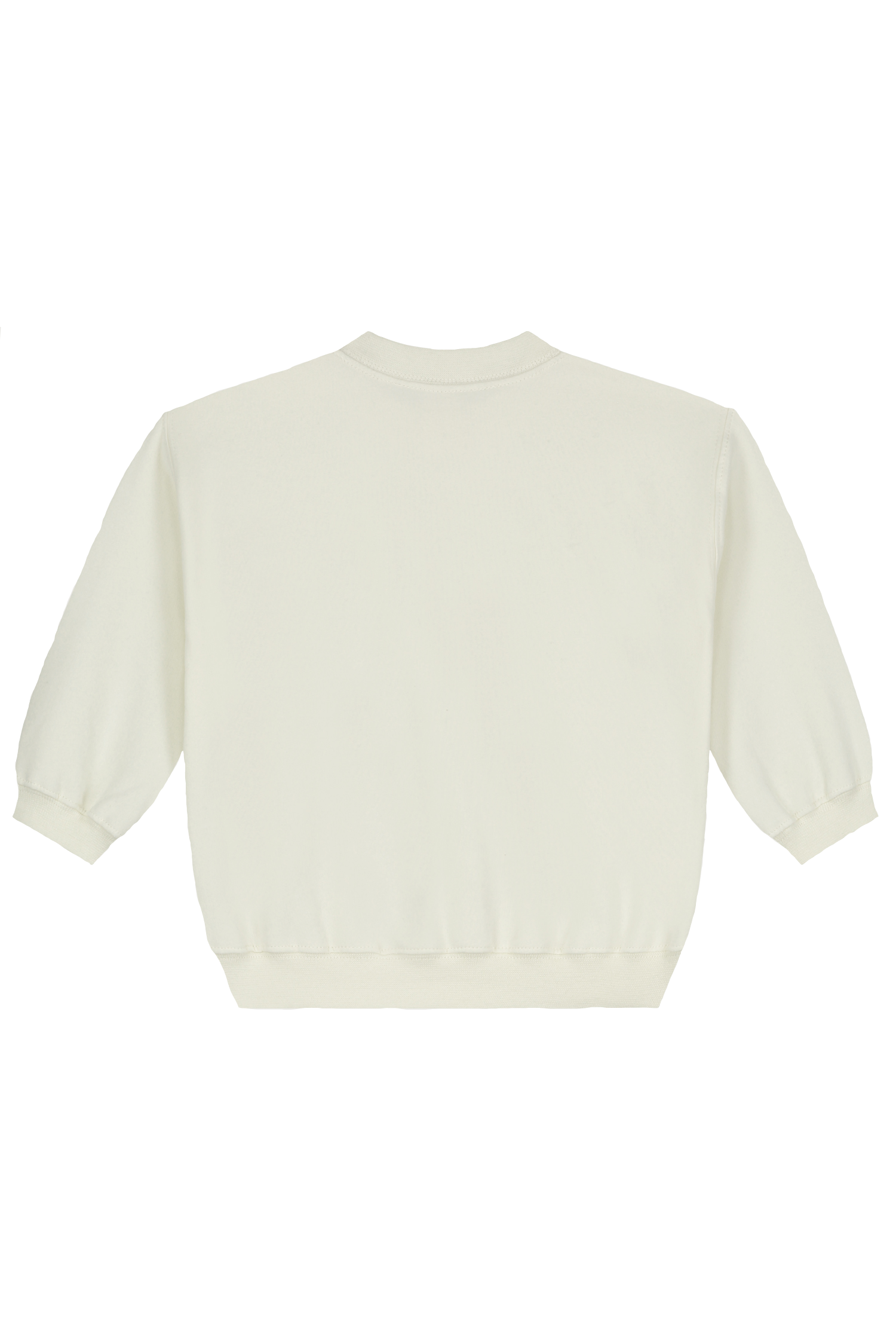 Organic cotton fleece dropped shoulder sweater made from GOTS-certified cotton, shown in white colour. Back side 