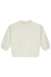Organic cotton fleece dropped shoulder sweater made from GOTS-certified cotton, shown in white colour