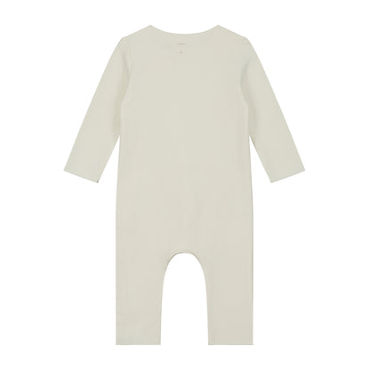 Organic cotton fleece baby suit made from GOTS-certified cotton, shown in white colour. Back side