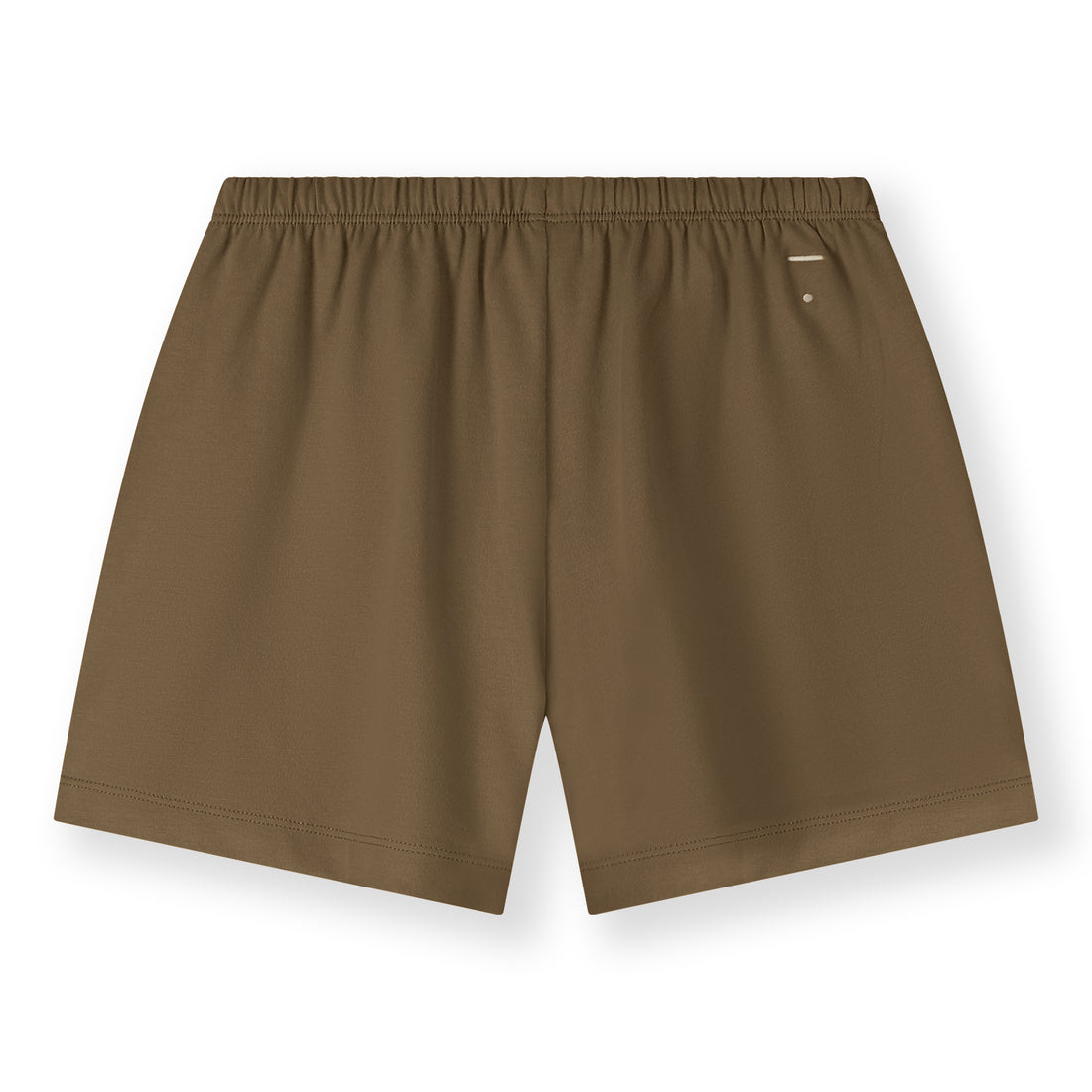 Organic cotton jersey shorts made from GOTS-certified cotton, shown in brown colour. Showing the logo on the backside. 