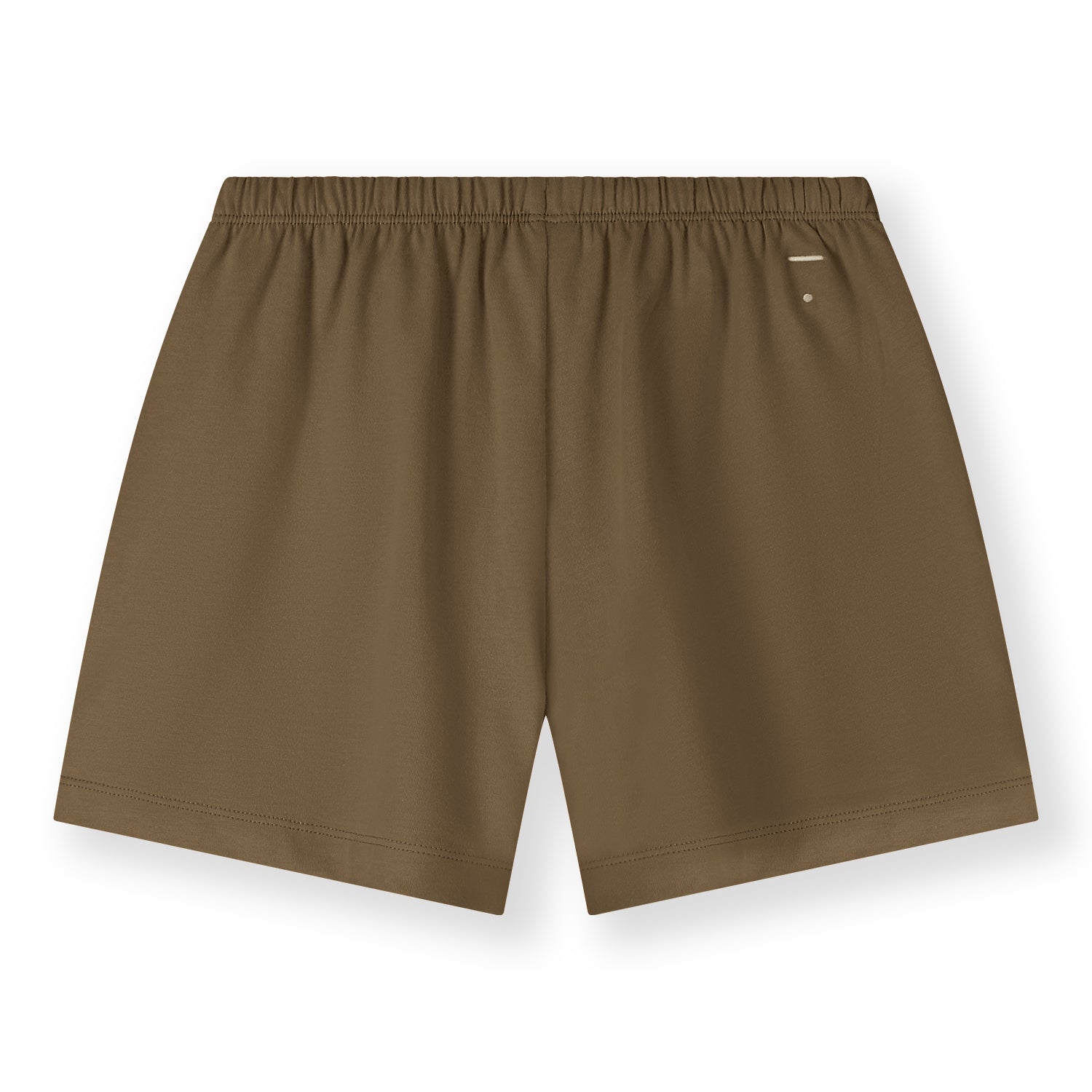 Organic cotton jersey shorts made from GOTS-certified cotton, shown in brown colour. Showing the logo on the backside. 