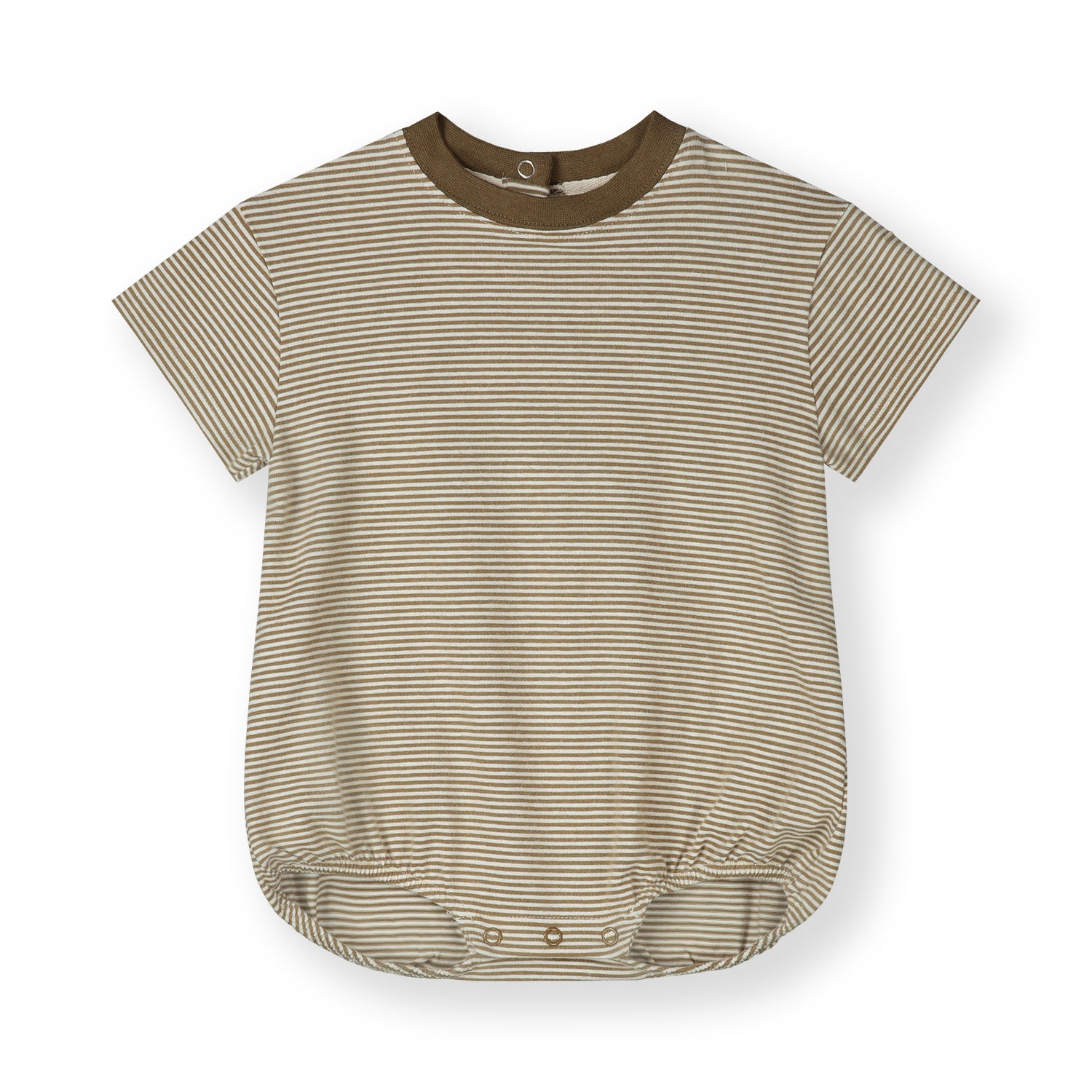 Organic cotton baby tee suit made from GOTS-certified cotton, shown in brown striped colour