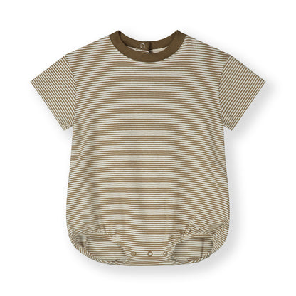 Organic cotton baby tee suit made from GOTS-certified cotton, shown in brown striped colour